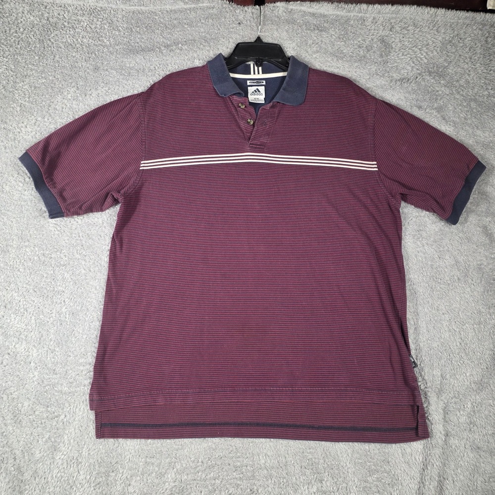 Adidas Polo Shirt Mens Medium Burgundy Navy Striped Climalite Short‎ Sleeve
